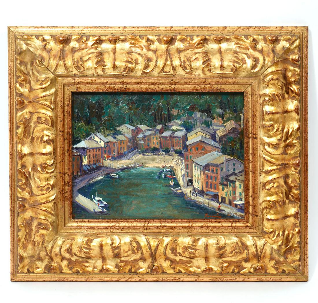 Signed Waterside Village Scene Oil Painting: Signed oil on masonite board painting, waterside village scene, illegibly signed lower right. Measurements : Board 7"H x 9"W; Frame 14"H x 16"W. Condition report: Good condition, no issues, please exa