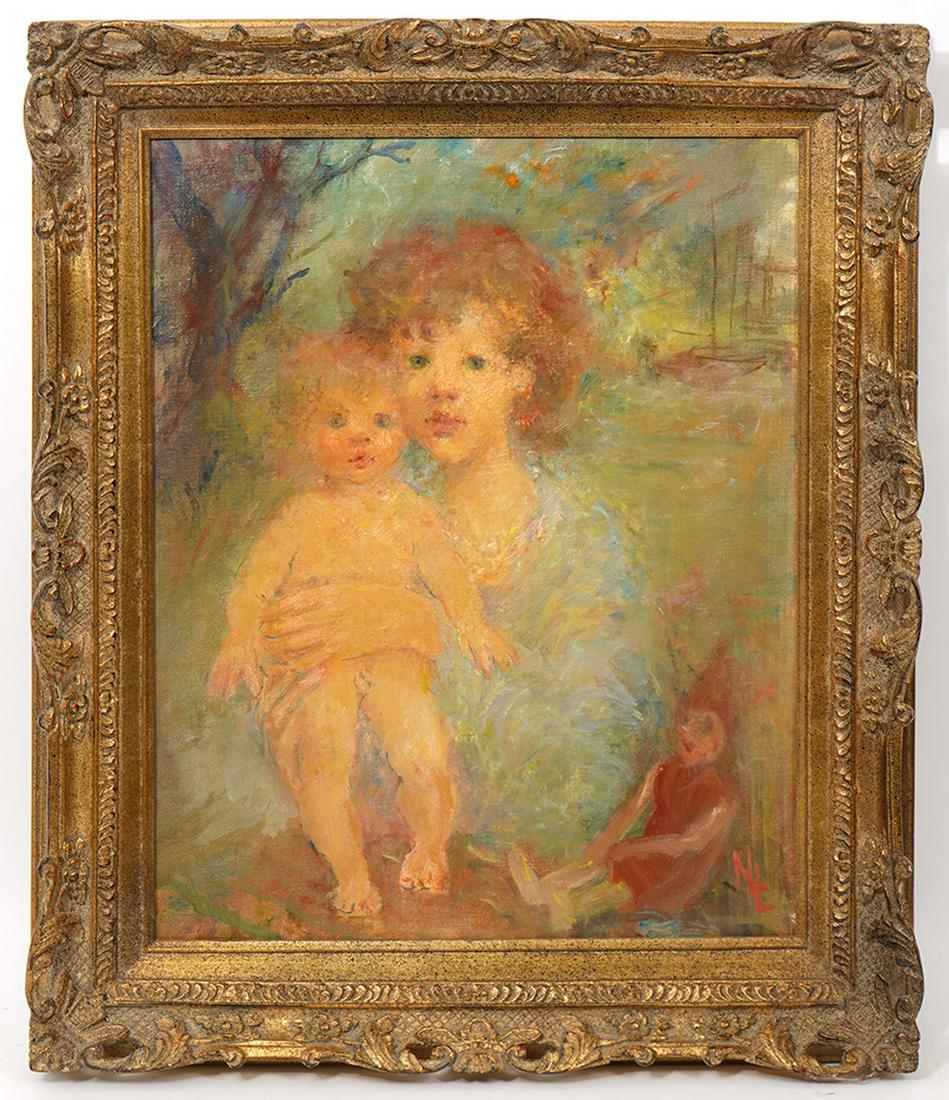 N. Laslo "Two Children and Doll" O/B Painting (1 of 8)