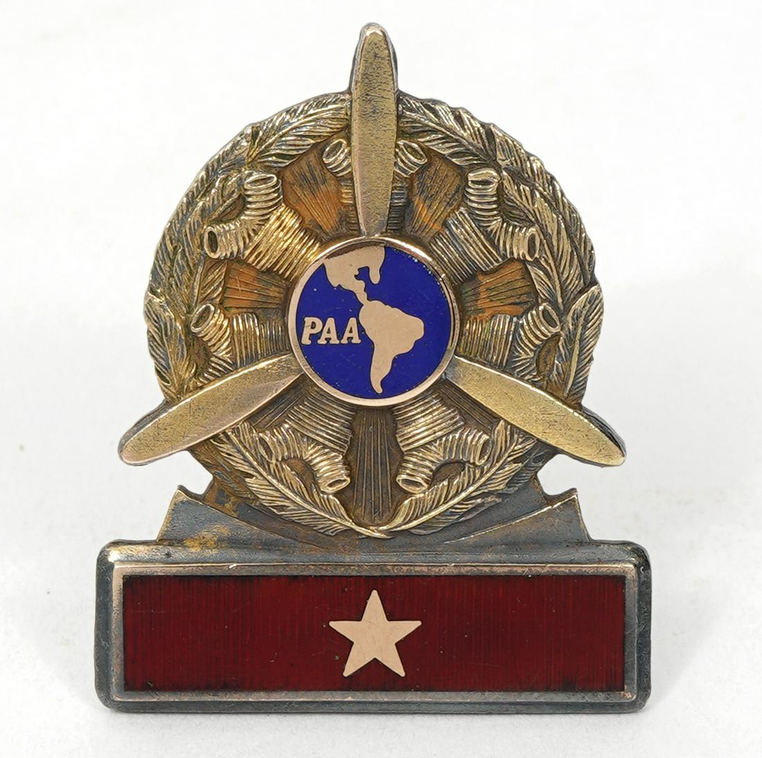 1930s/40s Pan Am Foreman Chief Mechanic 10K GF Pin: 1930s/40s Pan Am Airlines Foreman or Chief Mechanic 10K gold filled pin. Features Pan Am emblem over propeller with enamel badge and single star. Measures 1.25"H x 1"W. Condition report: Good conditio