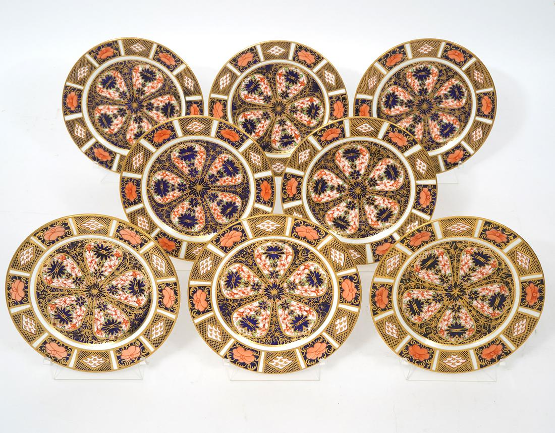 8 Royal Crown Derby Imari Bread & Butter Plates: 8 Royal Crown Derby Imari gold rimmed bone china bread and butter plates, marked underside. Measures 6.25"W. Condition report: good condition, please see all photos.Contact C. Biddle Auction Gallery f