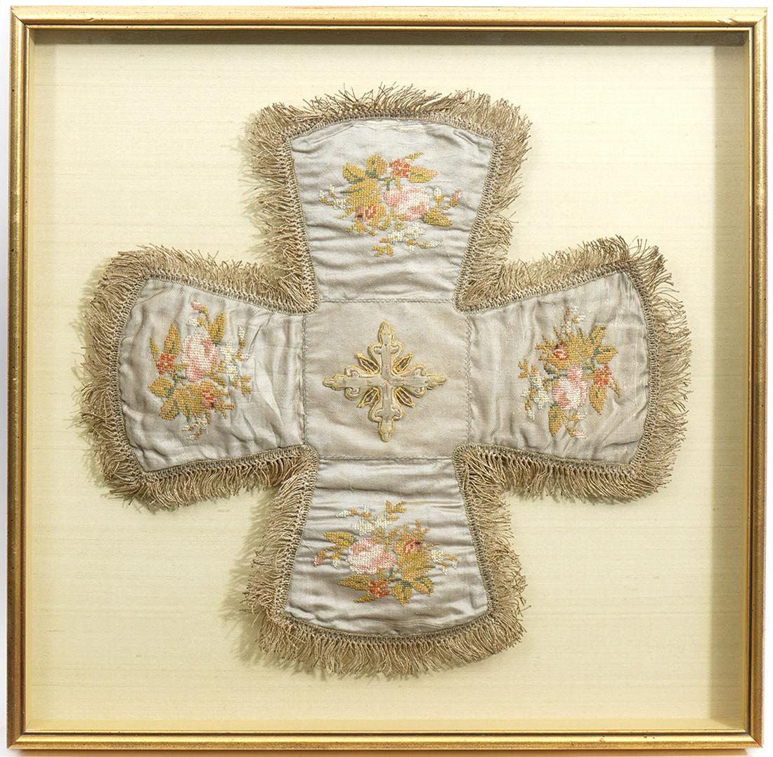 Russian Orthodox Embroidered Chalice Veil: Russian Orthodox embroidered chalice veil, features four grey flaps with woven floral patterns with applied cross in center. Framed in shadow box. Veil measures 19" x 19". Frame measures 23.5" x 23.5"