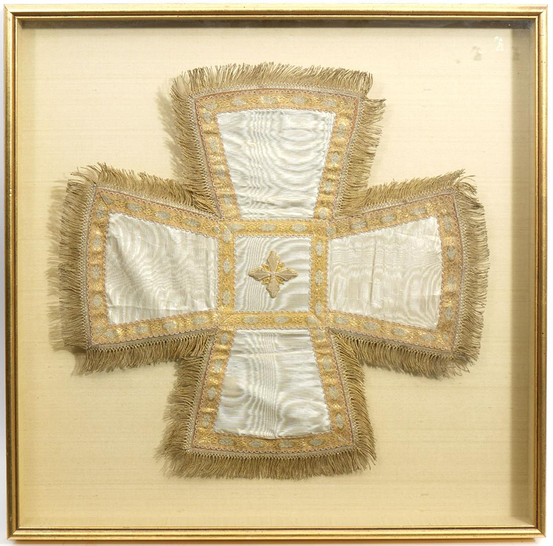Russian Orthodox Embroidered Chalice Veil: Russian Orthodox embroidered chalice veil, features four flaps with silver and gold border with cross in center. Framed in shadow box. Veil measures 20" x 20". Frame measures 25" x 25". Condition repo