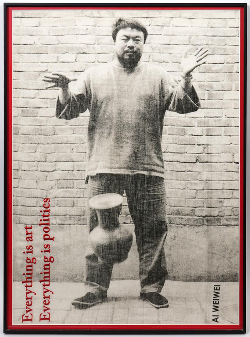 Everything is Art Ai Weiwei Fabric Print: Ai Weiwei, still image from "Dropping a Han Dynasty Urn" printed on fabric with woven text "Everything is Politics Everything is Politics". Measurements 27" x 19.5". Condition report: Good condition,