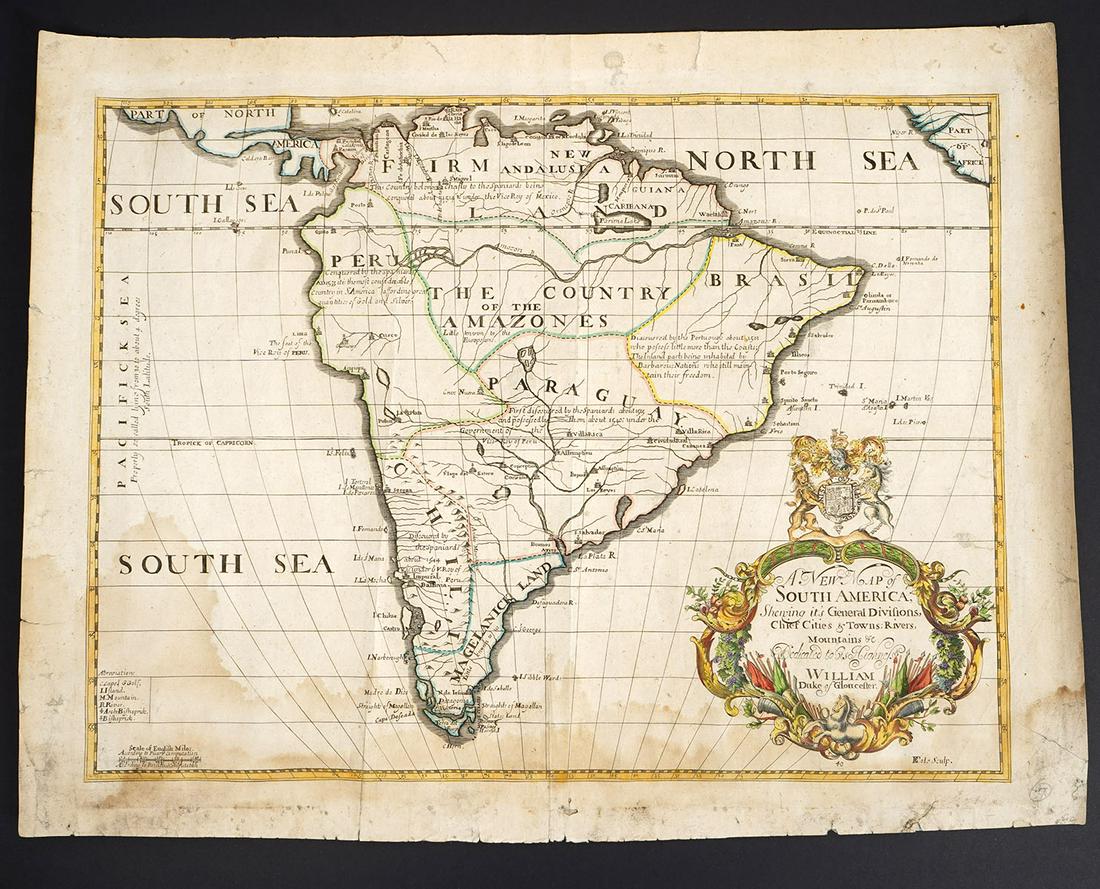 Edgar Wells Engraved 'Map of South America': Engraved Map of South America originally drawn by Edgar Wells in 1701 to accompany his Treatise of Ancient and Present Geography. Includes original receipt and paperwork. Measures 16.75"H x 21.75"W. C