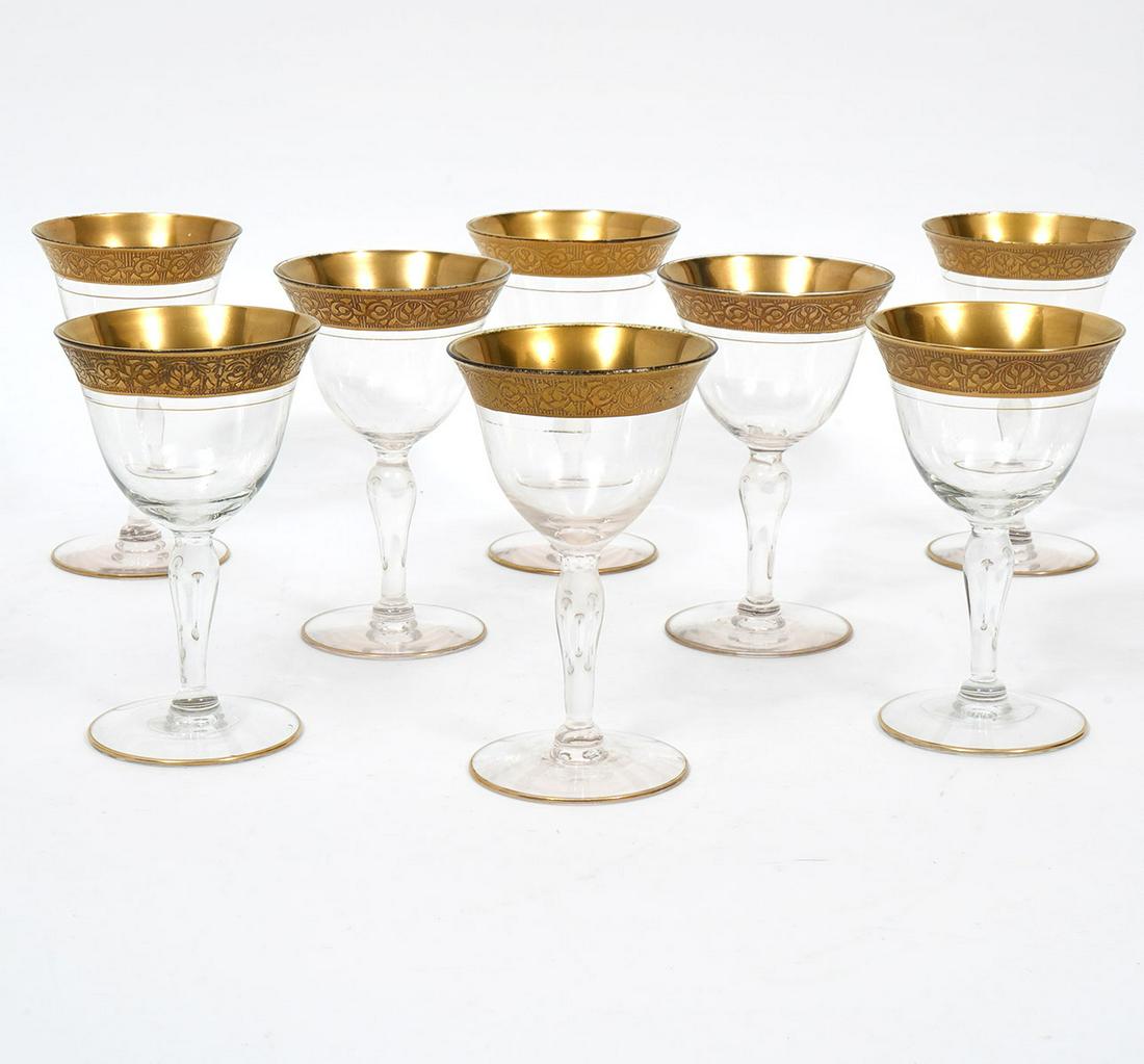 8 Champagne 'Rambler Rose' Tiffin Gold Rim Glasses (1 of 6)