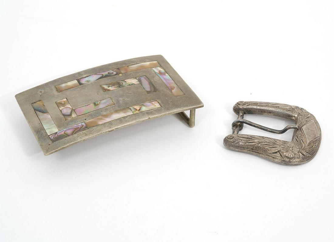 2 Silver Belt Buckles 1Engraved 1 Inlaid MOP (1 of 6)