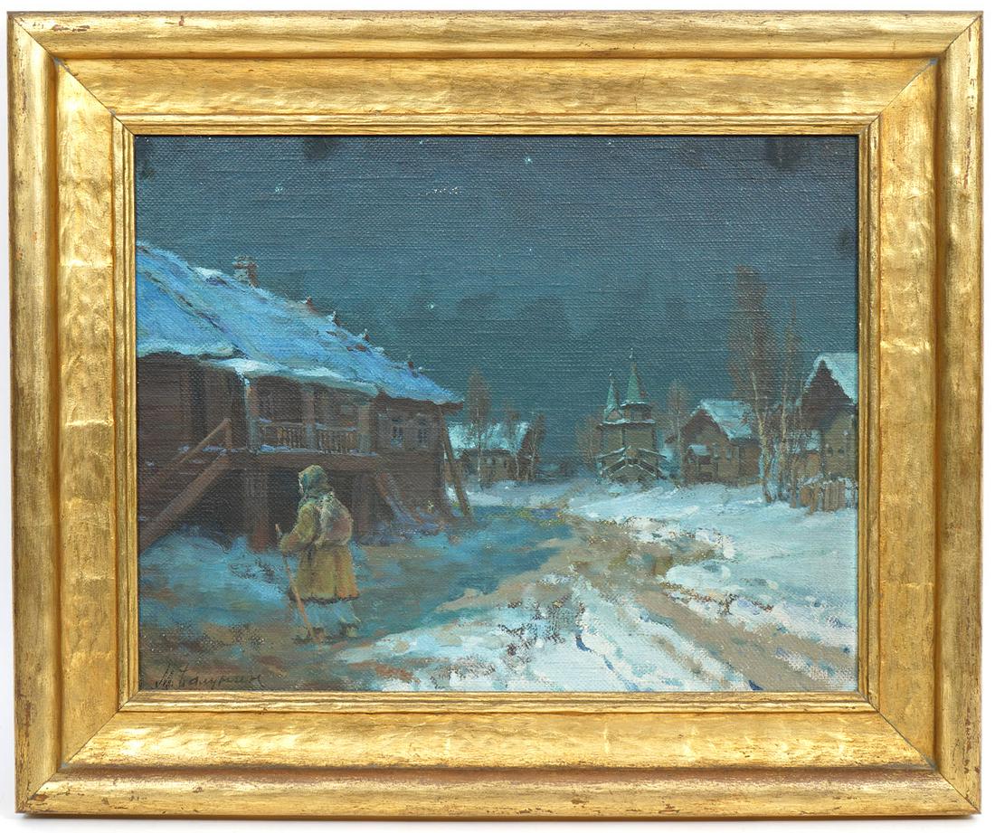 Signed Continental Winter Scene Oil Painting (1 of 7)