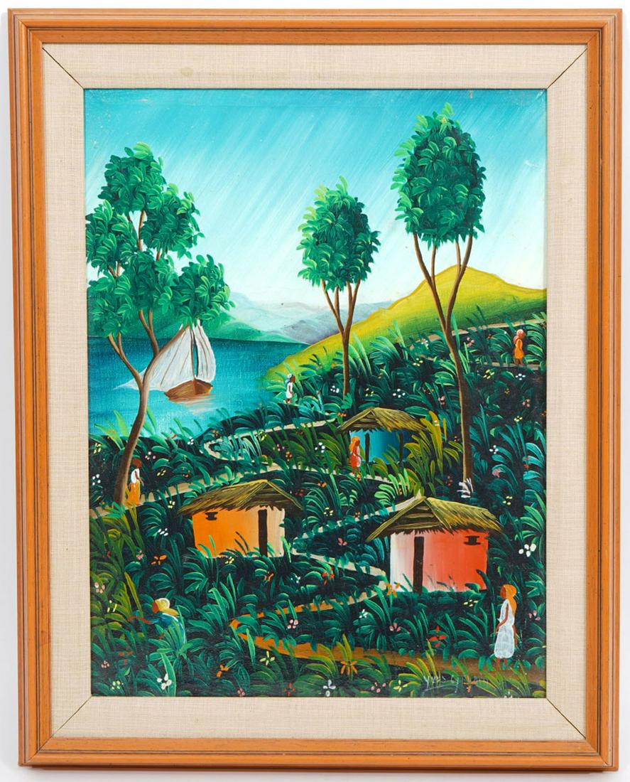 Haitian Village Scene Signed Painting: Haitian village scene painting featuring small houses, figures and meandering pathways on hillside landscape. Measurements: Visual image 15.5"H x 11.5"W , framed 19.5"H x 15.5"W. Signed lower left. Co
