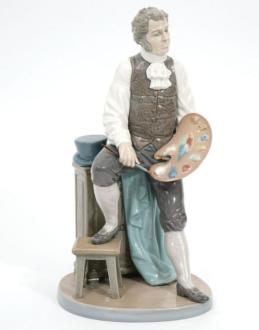 Lladro "Artistic Endeavor" Porcelain Figure: Lladro "Artistic Endeavor" porcelain figure, #5234, composed of a seated painter with brushes and palette. Measures 6"L x 5"W x 11.5"H. Condition report: Good condition, no issues, please examine all 