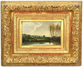 American Landscape Oil on Board Gilt Frame Signed