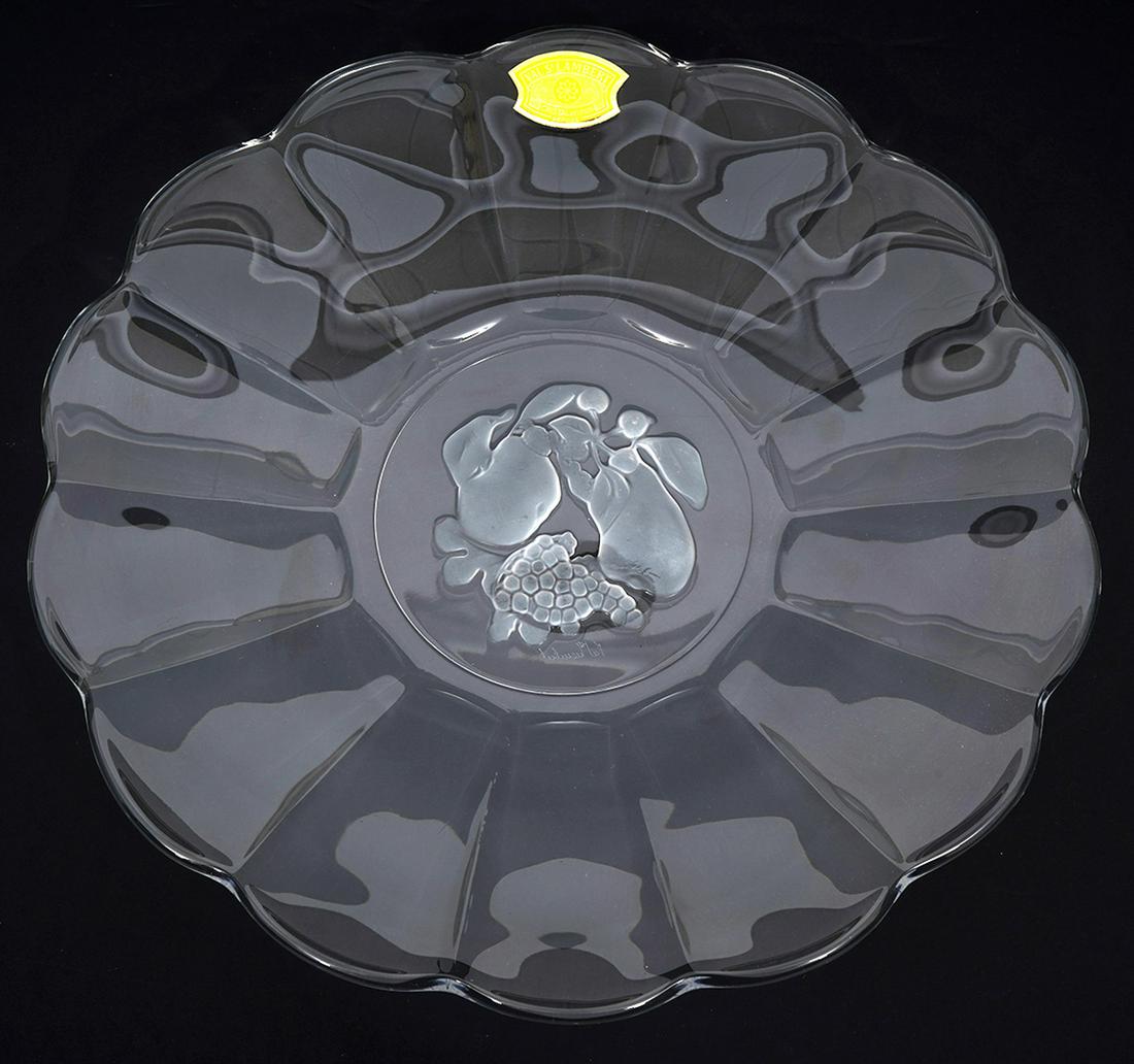 Val St. Lambert Crystal Charger: Val St. Lambert of Belgium, charger with etched intaglio of fruits in center, scalloped edge. Original sticker on top. Measures 13" diameter. Condition report: Good condition, no issues, please examin