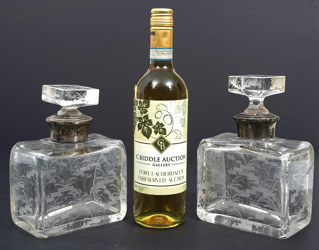 Pr of Etched Crystal Decanters With Silver Collars (1 of 9)