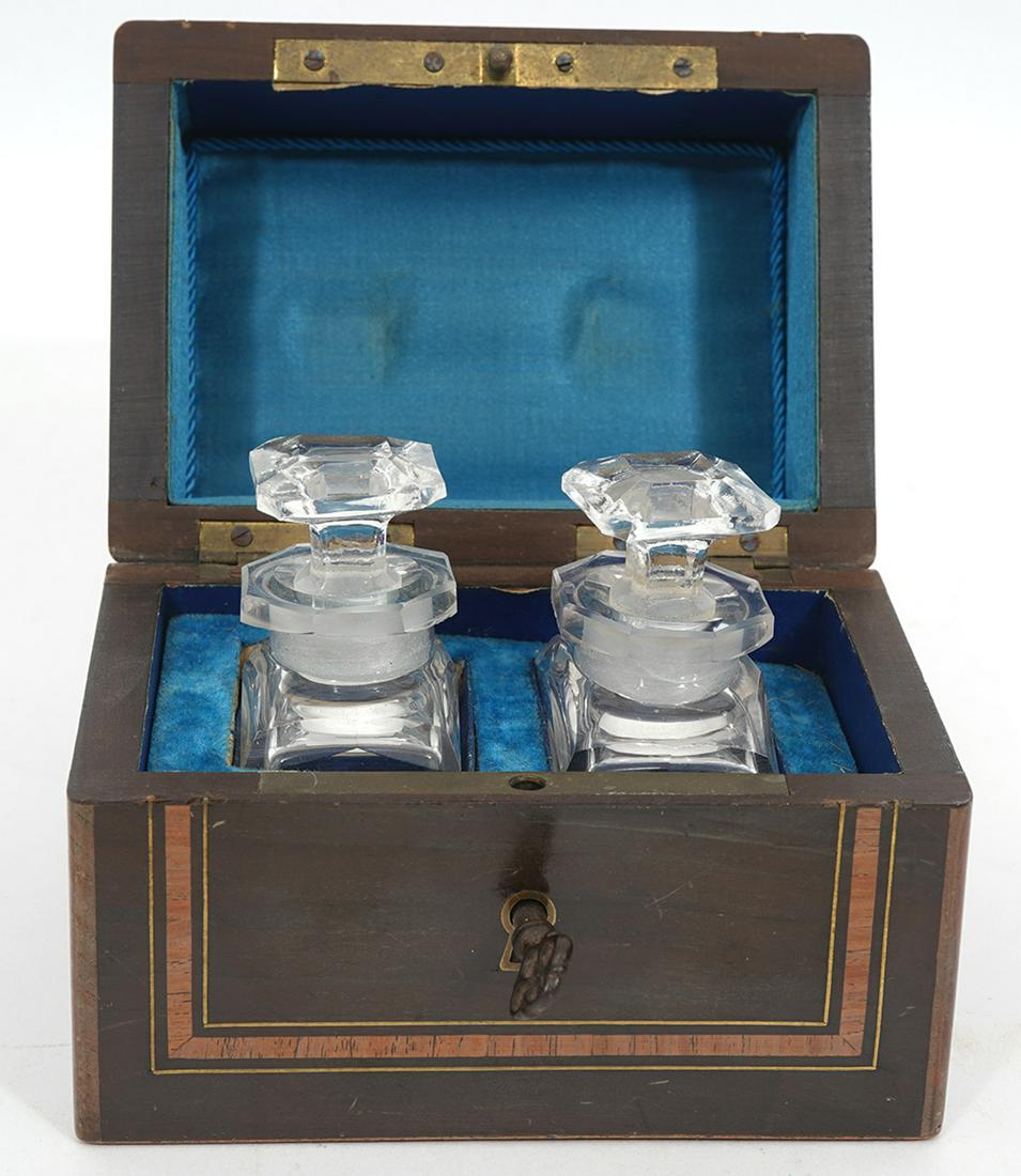 Continental Wood Inlay Perfume Casket Box with Key: Continental inlay wood perfume casket box (4.5"L x 3"W x 3.25"H) with two glass bottles (1.25"L x 1"W x 2.5"H); Blue fabric interior, includes key. Condition report: Common wear for age and use, pleas