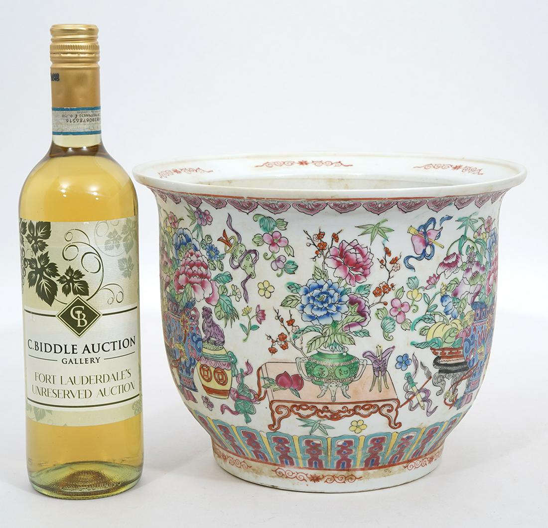 Chinese Famille Rose Flared Rim Vase: Chinese famille rose vase with flared rim, decorated on interior with flowers. Drilled hole in bottom. Measures 7.75"H x 10.5"W. Condition report: Good condition, no issues, please examine all photos 