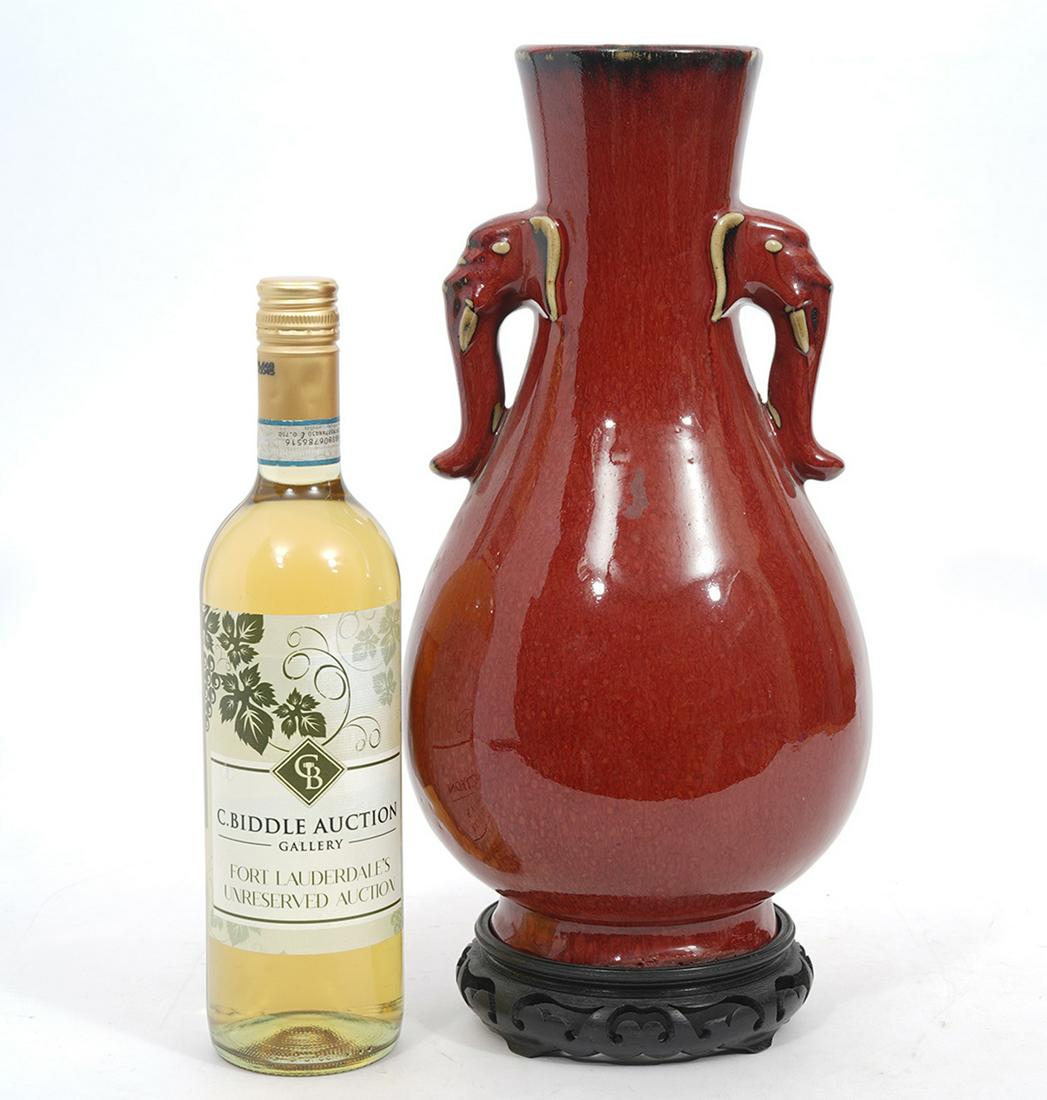Chinese Flambe Oxblood Elephant Handles Vase