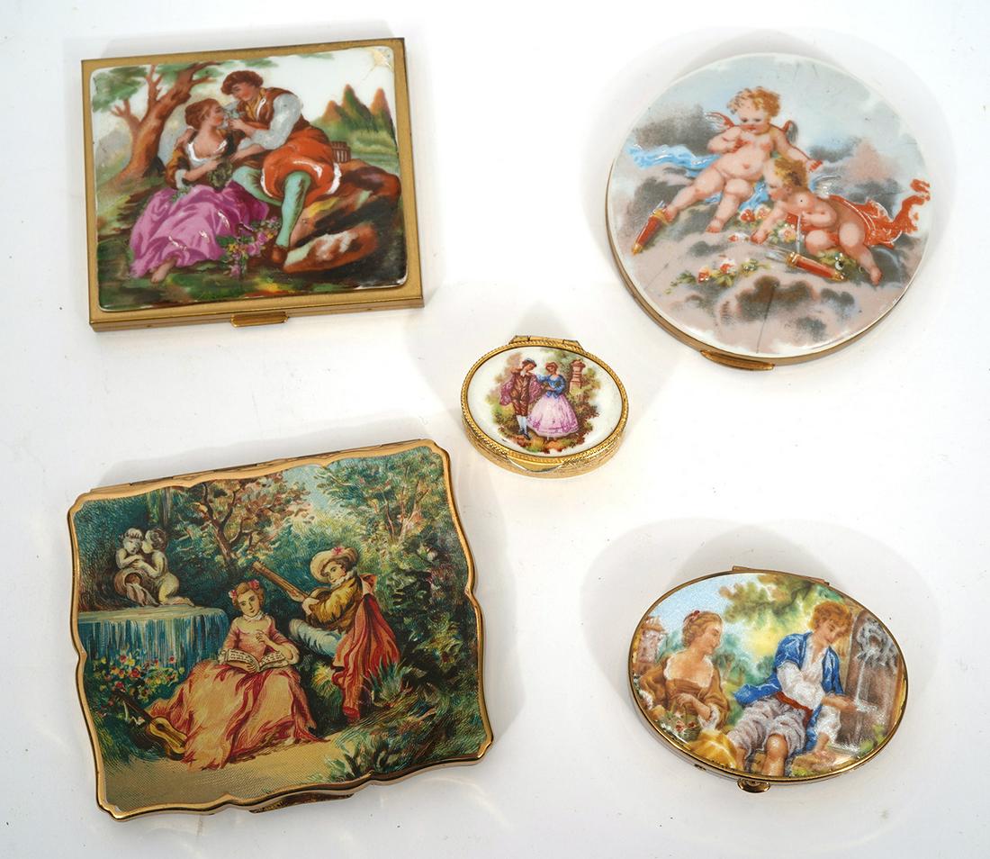 5 Enamel and Gilt Limoges Style Cases: All 5 have colorful enamel Limoges style scenes on top. Stratton case with figures in an outdoor setting, slightly scalloped edges (3.25"L x 2.75"W); Courting couple case has slight dome lid (2.75"L x