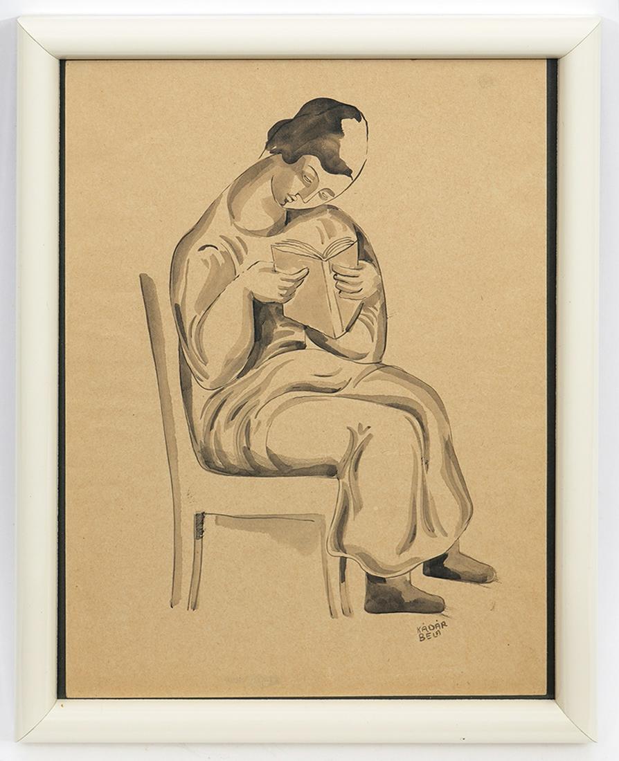 Bela Kadar Watercolor on Paper of Woman Reading (1 of 4)