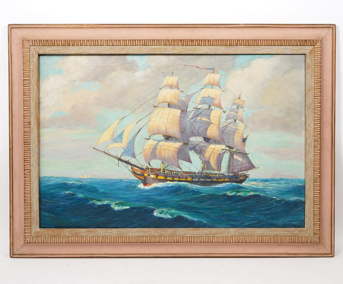 William A. Hill US Frigate Essex Oil Painting: William A. Hill, US Frigate Essex oil on canvas painting, signed lower right, early 20th Century. Description on verso. Measurements: Visual image - 24"H x 36"W; Frame - 32"H x 44"W. Condition report: