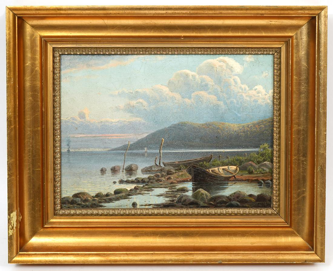 Coastal Signed Scene Oil on Board Painting: Coastal scene oil on board painting, signed lower right. Measurements: frame 13.5"H x 16.5"W, visual image 8.5 x 11.5. Condition report: Craquelure throughout painting, please examine all photos close
