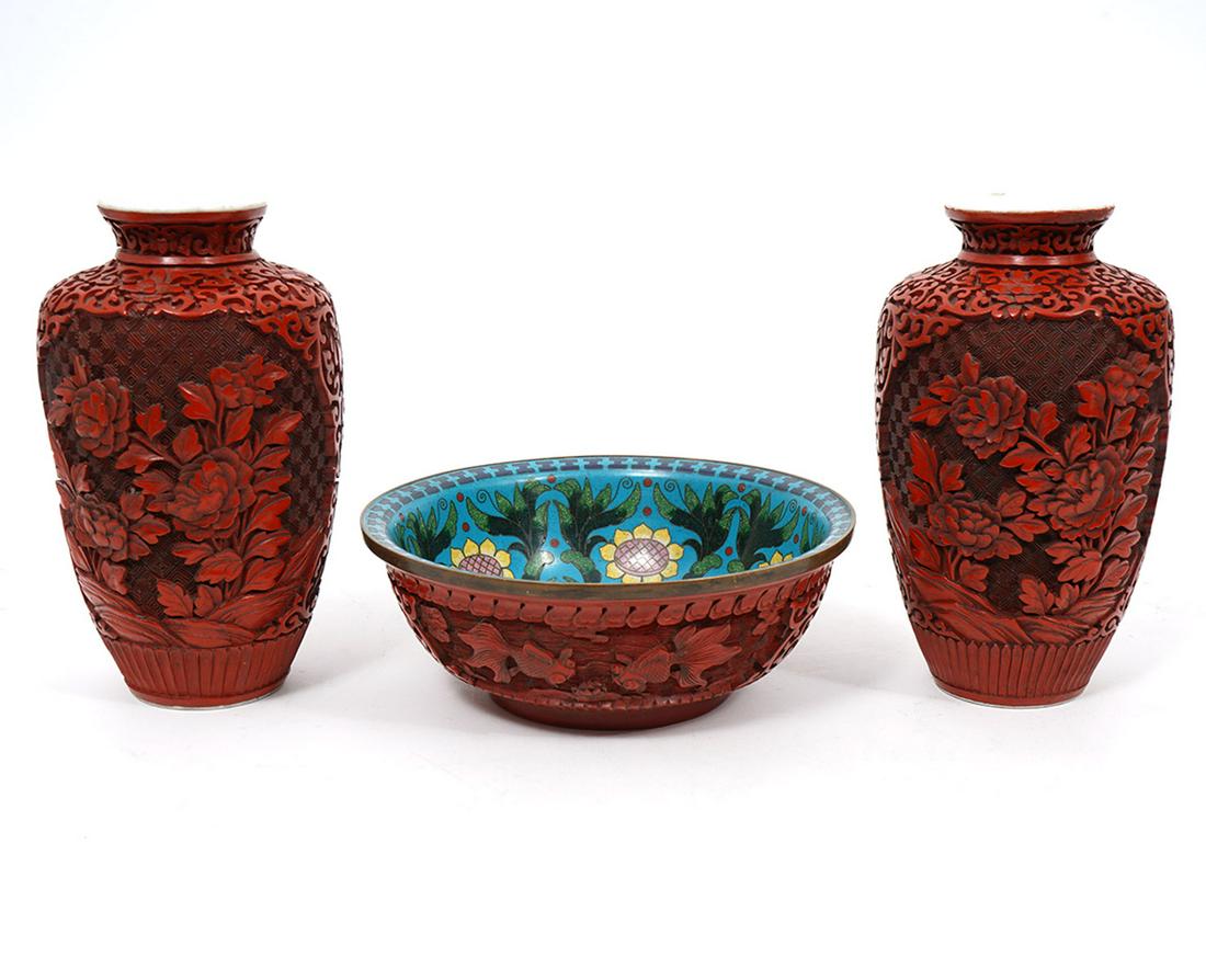 Chinese Cinnabar Porcelain Vase & Enamel Bowl (1 of 7)