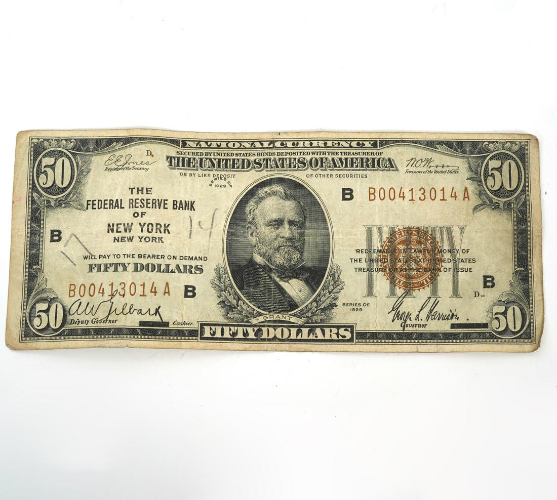1929 Brown Seal Federal Reserve of NY $50 Note: 1929 Brown Seal, Federal Reserve of New York $50 note. Condition report: Bill has not been graded, folds and edge wear throughout, please examine all photos closely. Contact C. Biddle Auction Gallery 