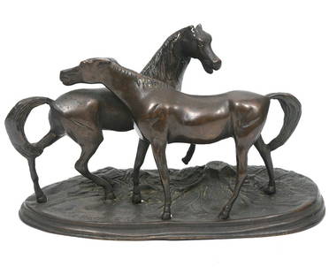 Two Bronze Horses After Bayre: After Alfred Barye two cast bronze horses measures 9.25"L x 4.25"W x 6"H. Signed "Bayre 1886". Condition report: Good condition, no issues, please examine all photos closely. Contact C. Biddle Auction