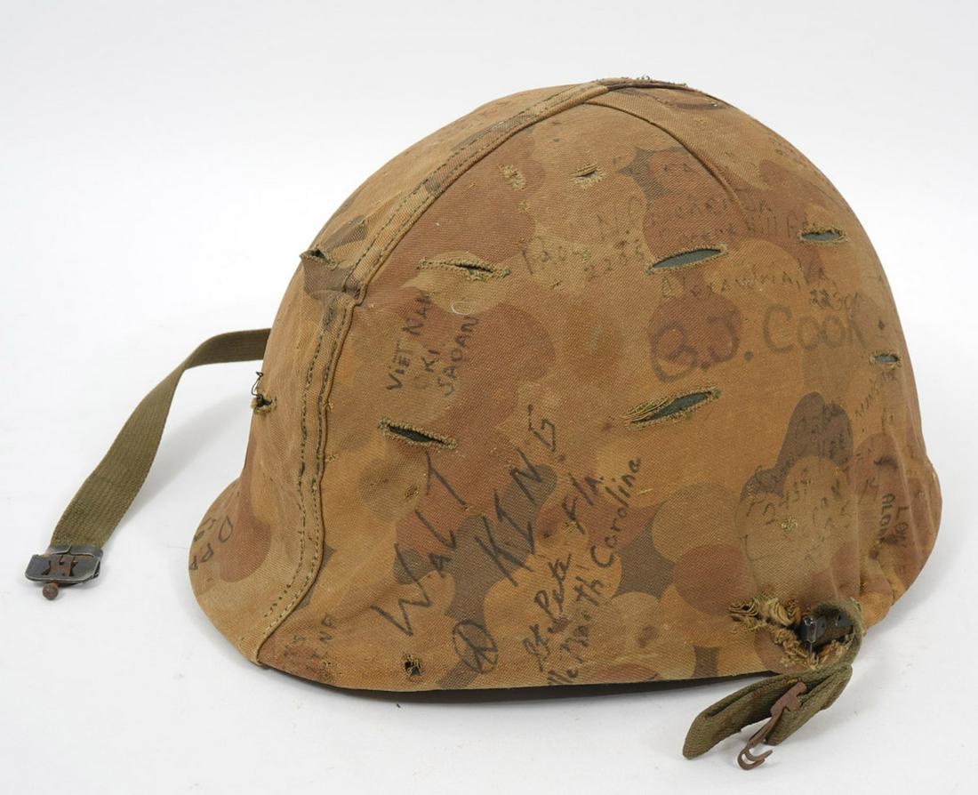 Vietnam War Marine Corps Camouflage Helmet: Vietnam War Marine Corps camouflage helmet signed, includes documentation on the service members. Circa Late 60s early 70s. Condition report: Good condition, no issues, please examine all photos close