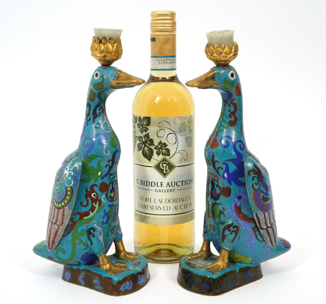 Pair of Chinese Cloisonne Jade Duck Candleholders (1 of 9)