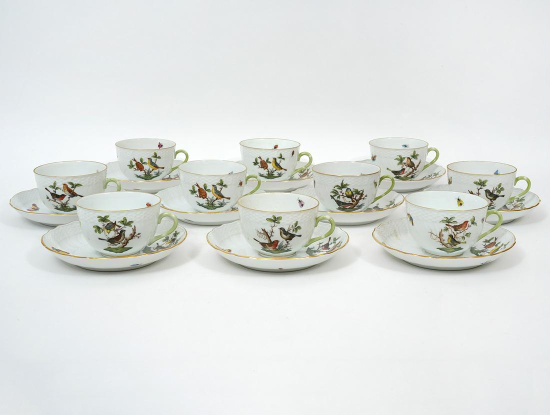 Herend "Rothschild Bird" Cup & Saucer Set for 10: Herend Hungarian porcelain "Rothschild Bird" pattern, set 10 cups and saucers. Condition report: Good condition, no issues, please examine all photos closely. Contact C. Biddle Auction Gallery for mor