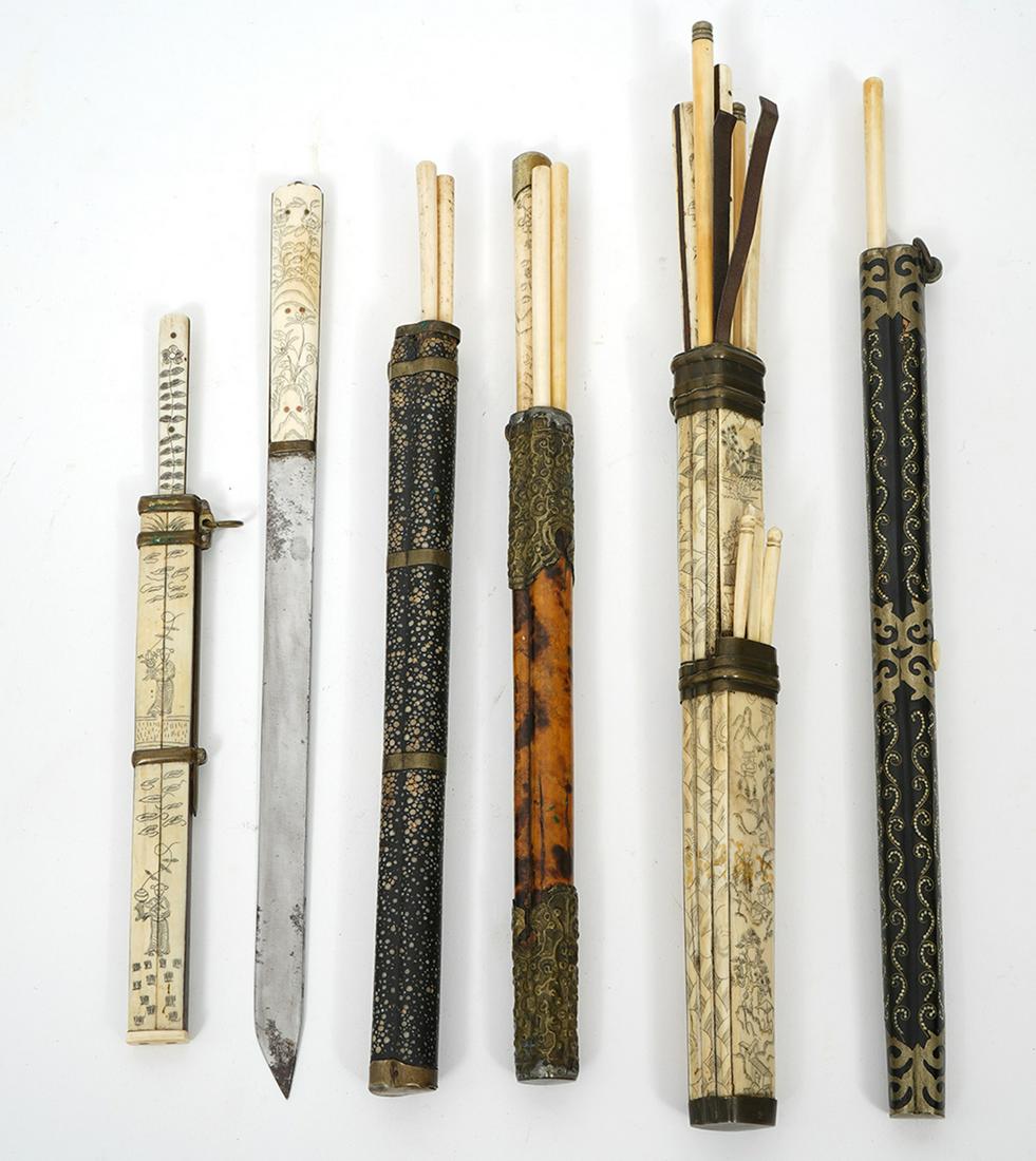 Group of Chinese Chopsticks & Knives: 6 pieces includes Chinese chopsticks and knives. Some with detailed engraving and decoration. Range in size from 9" to 14". Condition report: Common wear for age and use, please examine all photos clo