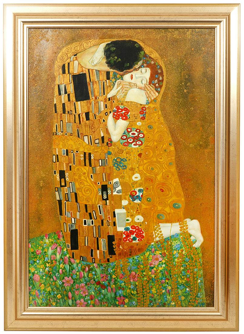 Re-Creation of Klimt's "The Kiss": Authorized Re-Creation of Gustav Klimt's "The Kiss", oil on canvas. Included COA. Measurement: Visual image 36"H x 24"W. Frame 42"H x 30"W. Condition report: Good condition, no issues, please examine 