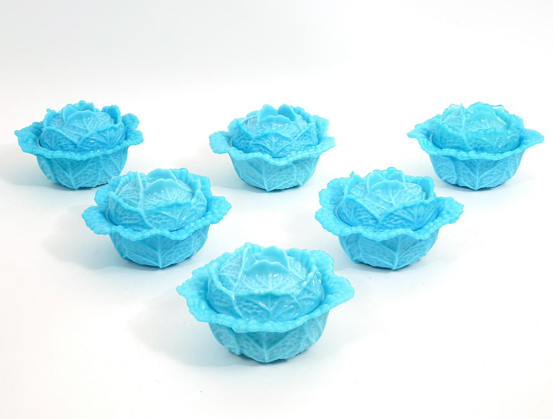 6 French Turquoise Molded Glass Cabbage Bowls (1 of 7)