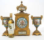 Sevres-Style French Gilt Bronze Clock & Urns