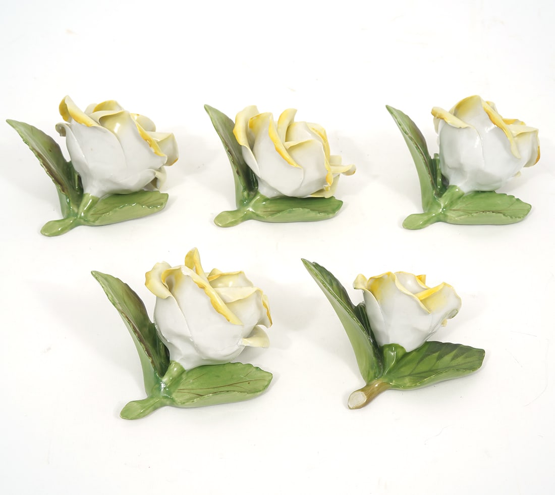 Five Herend Porcelain Yellow Roses: Five Herend Hungarian porcelain roses, ranging in size from 2 to 2.5". Underside hallmarked. Condition report: Good condition, no issues, please examine all photos closely. Contact C. Biddle Auction G