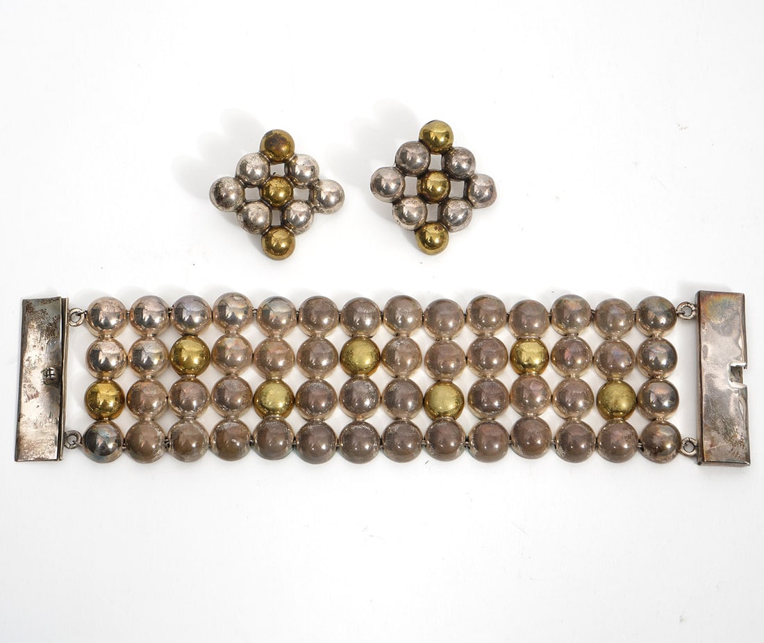 Mexican Sterling Half Ball Bracelet & Earrings (1 of 6)