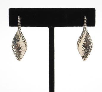 John Hardy 'Jai' Sterling Silver Twist Earrings: John Hardy 'JAI' sterling silver twisted-form earrings. Leaf-style with hammered textures with link style border. Marked "JAI Thailand". Weight - 8.2g. Condition report: Good condition, no issues, ple