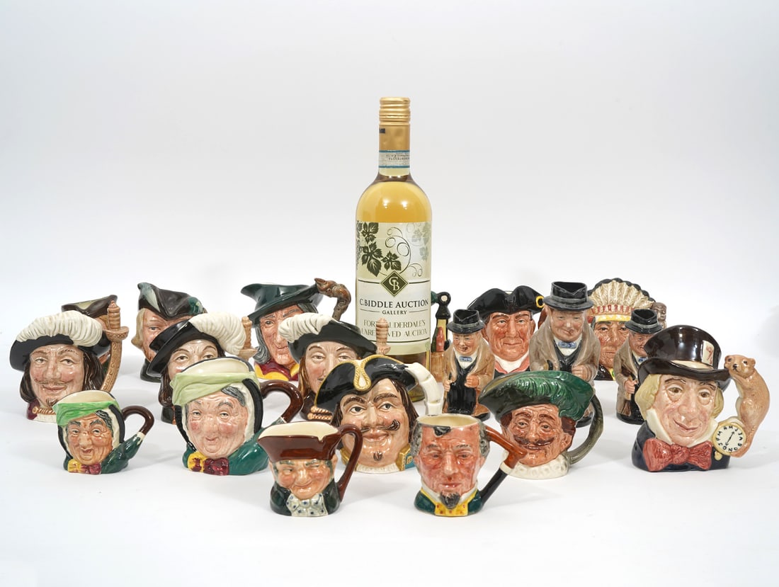 19 Royal Doulton Toby Mugs: Group of 19 Royal Doulton toby character mugs, ranging in size from 2" to 5" tall. Each hallmarked underside. Condition report: Good condition, no issues, please examine all photos closely. Contact C.