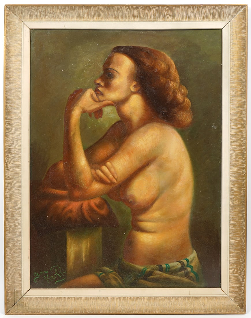 Leon Kroll-Style Female Nude Oil on Board: Leon Kroll-style oil on board of female nude, signed lower left. Measurements: Board 30"H x 22"W; Framed 35"H x 27"W. Condition report: Good condition, no issues, please examine all photos closely. Co