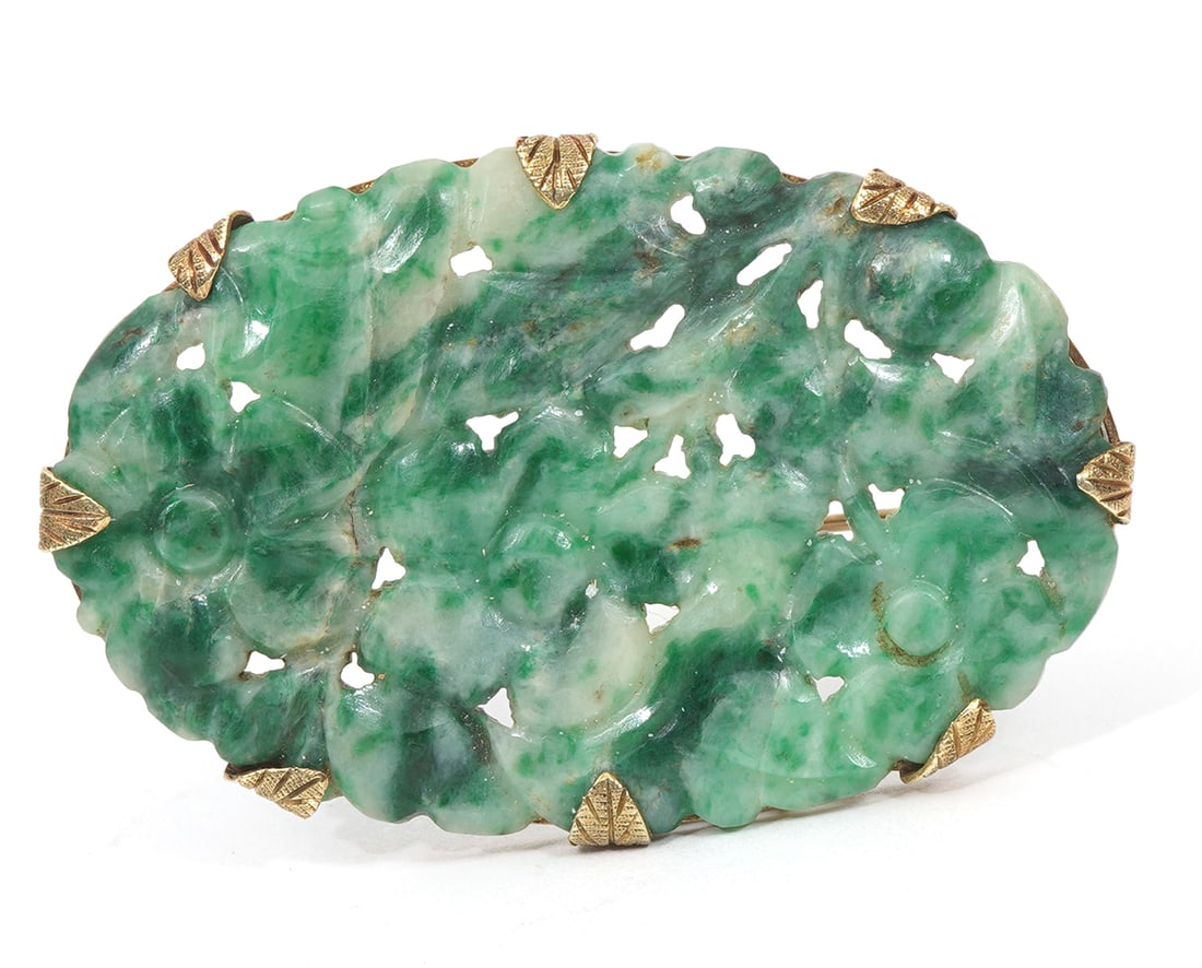 Carved Oval Jade 14K Yellow Gold Framed Pin (1 of 5)