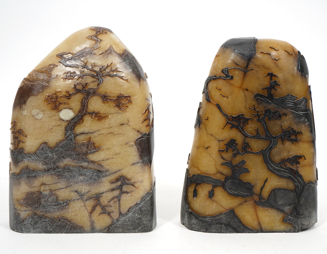 Two Chinese Carved Relief Soapstone Sculptures: Two hand-carved Chinese soapstone sculptures, features gardenscape scenes. Each measures 8" to 9"H and 5.5"W. Condition report: Good condition, no issues, please examine all photos closely. Contact C.