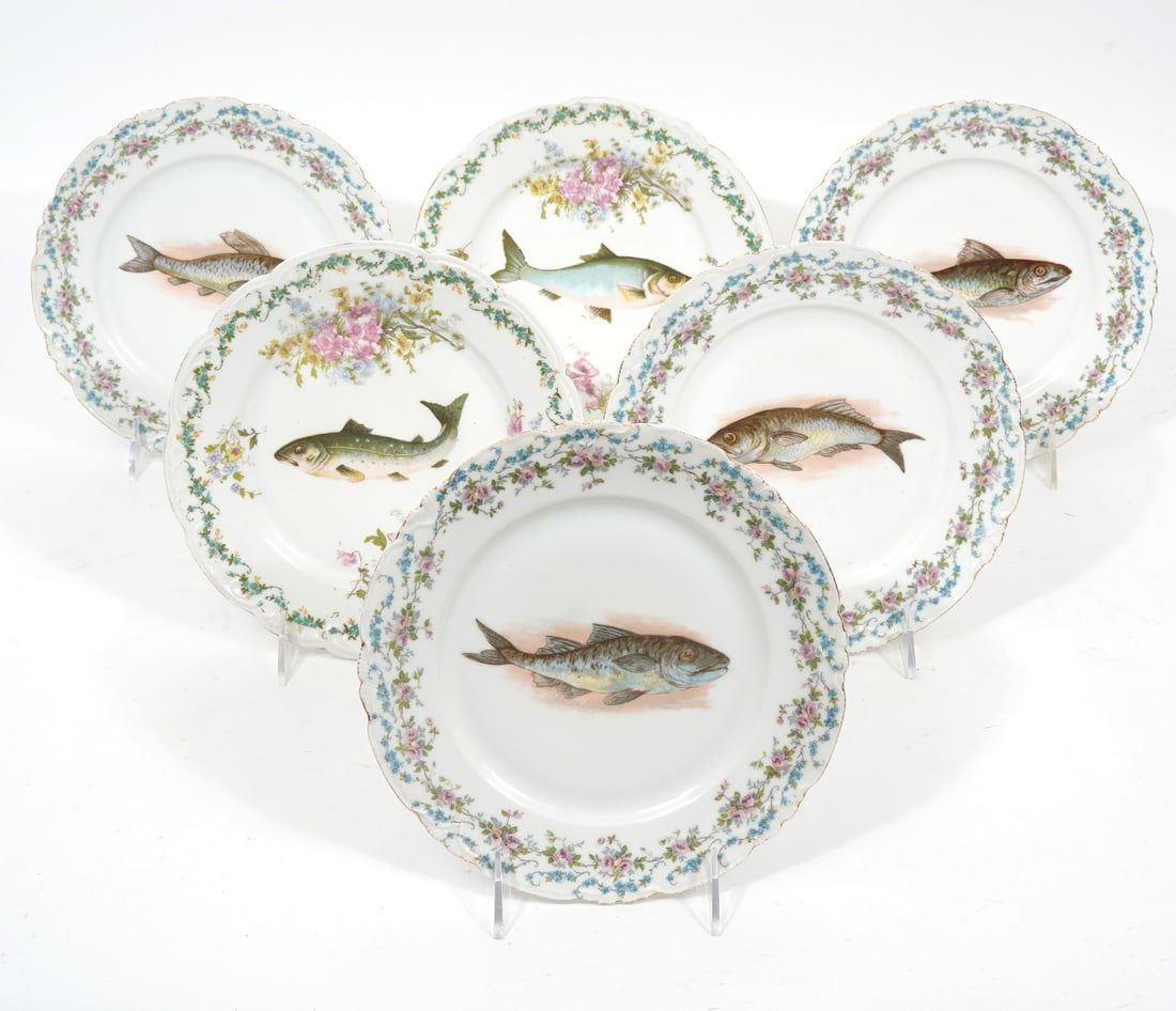 Six LS & S Carlsbad Austria Fish Motif Fish Plates: Set of 6 LS & S Carlsbad Austria fish motif plates. Features gilt scalloped edges floral decoration. Hallmarked underside. Measures 8"W. Condition report: Missing gilt to edges, please examine all pho