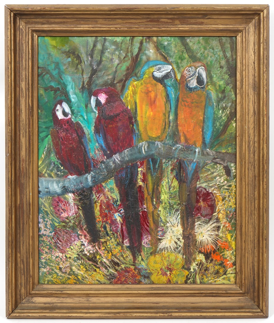 Oil on Board Painting of 4 Macaws Kristyna O'Hop: Oil on board painting of four perched macaws, signed on verso, hand-written pen inscription on verso. Measurements: Board 20"H x 16"W; Framed 24.5"H x 20.5"W. Condition report: Good condition, no issu