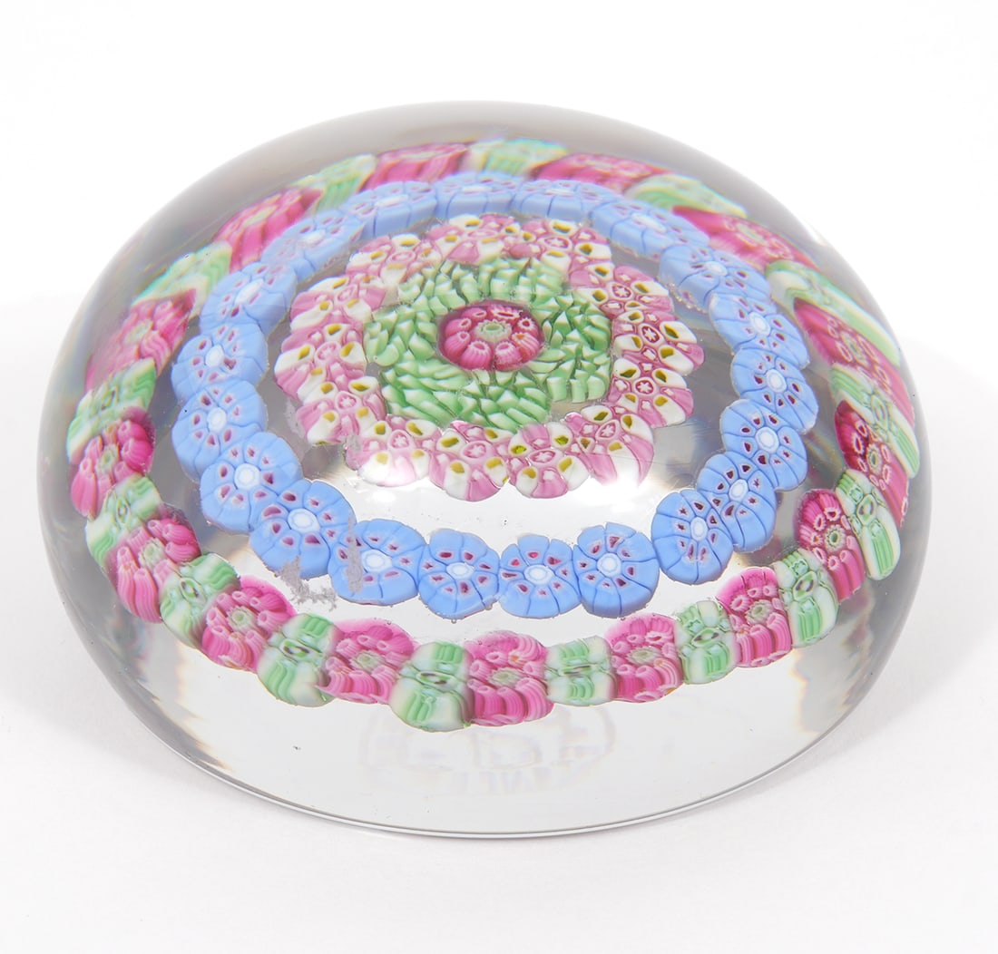Baccarat France Millefiori Paperweight: Baccarat France millefiori in concentric circles sherical paperweight. Underside signed with acid etched mark. Measures 1.5"H x 2.25"W. Condition report: Good condition, no issues, please examine all 