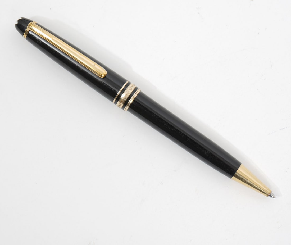 Montblanc Meisterstruck Ballpoint Pen: Montblanc Meisterstruck ballpoint pen, black with gold-tone accents, black ink. Measures 5.25"L. Condition report: Good condition, common wear from use, please examine all photos closely. Contact C. B