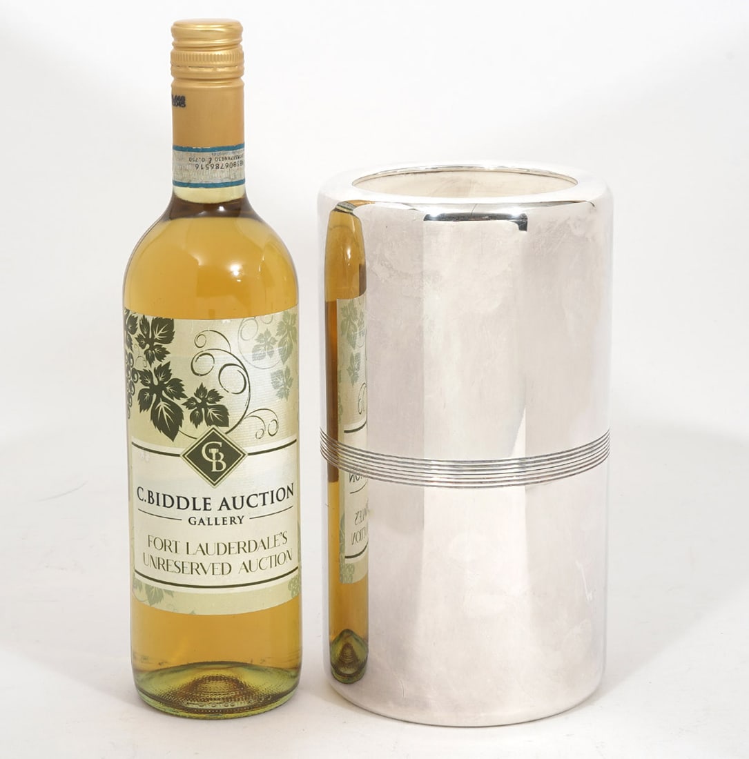 Christofle Silver-Plate Wine/Champagne Cooler: Christofle French silver-plate wine or champagne cooler, hallmarked underside. Measures 9"H x 5"W. Condition report: Good condition, no issues, please examine all photos closely. Contact C. Biddle Auc