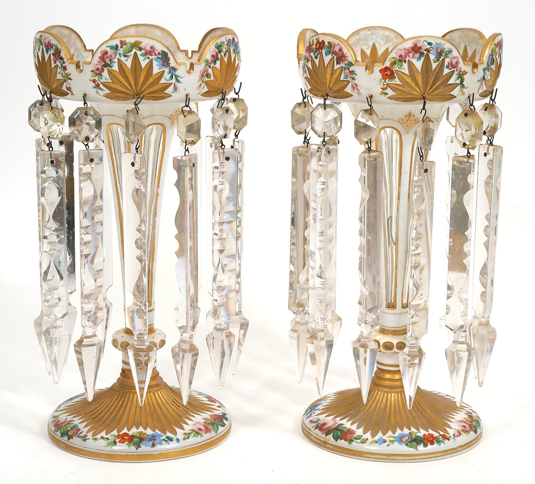 Pr. Bohemian Hand-Painted Mantle Lusters: Pr. Bohemian hand-painted mantle lusters with hanging crystals, features cut glass white overlay and floral decoration. Measures 12"H x 6.5"W. Condition report: Minor paint loss and multiple chips to