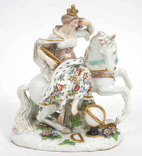 Meissen Porcelain Allegory of Continent of Europe: Meissen hand-painted porcelain figure "Allegory of The Continent of Europe", features female monarch on horseback. Measures 6.5"L x 3.5"W x 7.5"H. Condition report: Chip to crown of figure, please exa