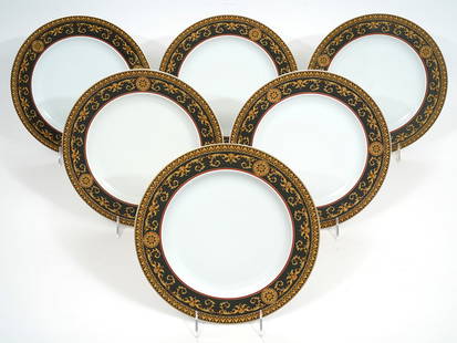 Six Versace Rosenthal Medusa Dinner Plates: Six Versace Rosenthal Medusa Red dinner plates, 10.5". Features the iconic style of the Italian designer. Condition report: Good condition, please examine all photos closely. Contact C. Biddle Auction