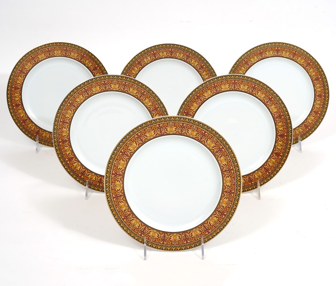 Six Versace Rosenthal Medusa Salad Plates: Six Versace for Rosenthal Medusa Red salad plates, 9". Features the iconic style of the Italian designer. Condition report: Good condition, please examine all photos closely. Contact C. Biddle Auction