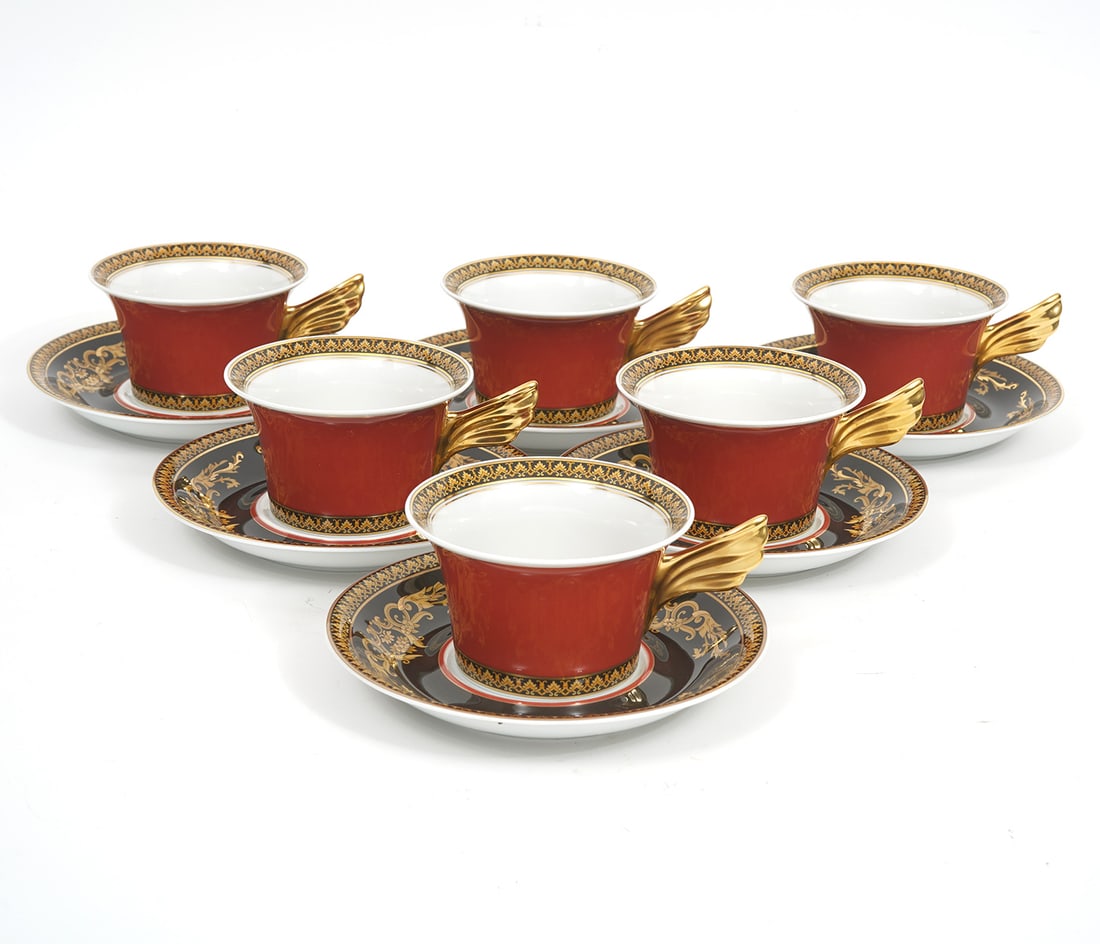 Versace Rosenthal Medusa Tea Cup & Saucer for 6: Versace Rosenthal Medusa tea cups & saucers, set for 6. Tea cup (2.25"H x 5"W), saucer (6.25"W). Features the iconic style of the Italian designer. Condition report: Good condition, please examine all